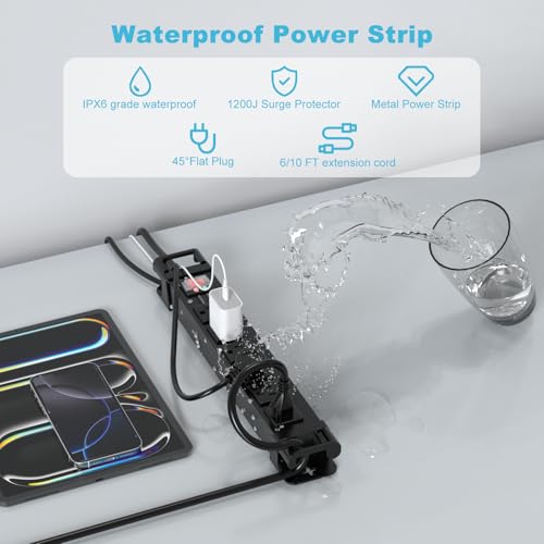 HEZI Extensión IPX6 impermeable para exteriores con protector contra sobretensión de 1200J, color negro, cable de 1.83 m miniatura 2