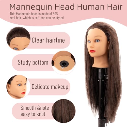 Mannequin Head Human Hair Female 80% Human Hair Mannequin Head Hair Styling Cosmetology Manikin Head Doll Head for Hairdresser with Clamp Holder and Tools