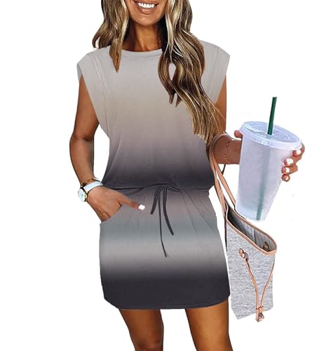 ETCYY NEW Womens Cap Sleeve Summer Dress Crew Neck Tie Front A-Line Dresses Double Layer Hem Mini Dress