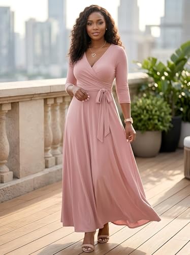 Image of PinkPatty Women's Plus Size Maxi Dresses Casual Flowy 3 /4 Sleeves Dress Printed Vacation Dress for Daily Wear with Belt