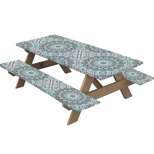 Water Table Cover, Picnic Table Cover with Bench Covers Geometric Waterproof Picnic Table Covers with Elastic Reusable Camping Tablecloth Picnic Table Cloths for Outdoor
