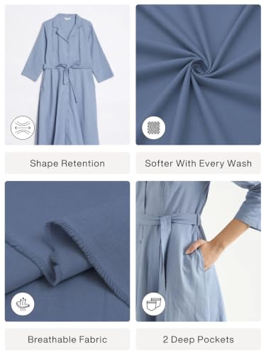 Image of SAADAA Women Cotton-Linen Blend Flared Dress | Midi Dress with 3 /4 Sleeves, Adjustable Waist Belt & Pockets | Below Knee Casual Dress for Office, Travel & Everyday Wear