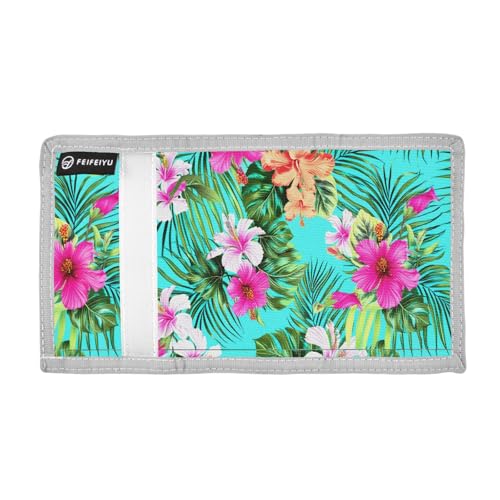 Colorful Hibiscus Green Leaves Kids Wallet for Boys Girls Outdoor Sport Trifold Wallets for Children Teen Youth Wallet with Zippered Coin Pockets Card Holders Front Pocket Wallets with Magic Sticker2