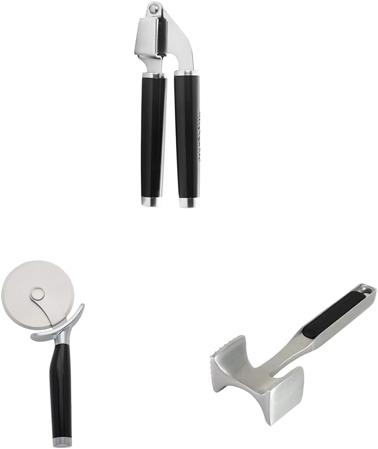KitchenAid Classic Garlic Press, One Size, Black & Classic Pizza Wheel & Gourmet Multi Sided Meat Tenderizer