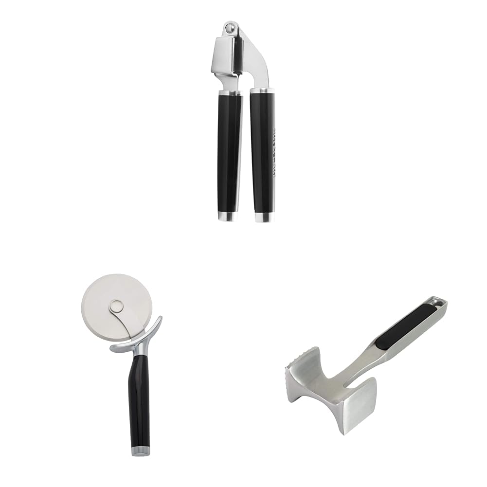 Classic Garlic Press, One Size, Black & Classic Pizza Wheel & Gourmet Multi Sided Meat Tenderizer