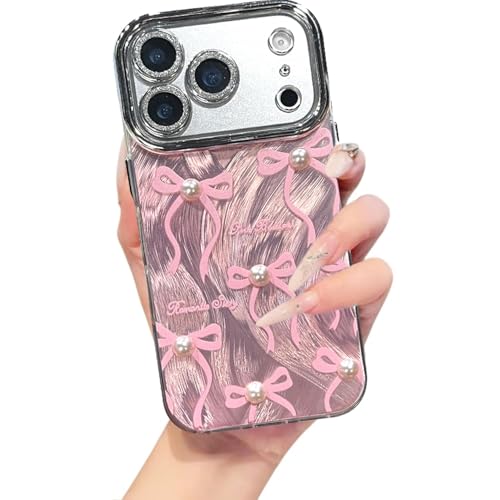 Image of VONZEE Compatible with iPhone 17 Pro / 18 Pro Case Luxury Pink Girly Cute 3D Bow Pearl Glitter Bling Case with Full Camera Protection Shockproof PC+TPU Glossy Shiny Cover for Girls Women, Pink