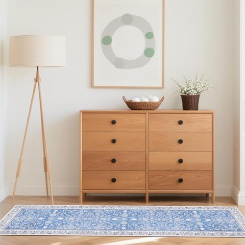 HiChiclife キッチンマット ペルシャ風 45x180cm 室内 台所マット ロングカーペット 廊下敷きマット フローリングシート 屋内 おしゃれ 絨毯 ラグ じゅうたん ベランダ 滑り止め 北欧 洗える 吸水 可愛い オールシーズン適用ふわふわ 防音 耐磨耗性 ヴィンテージ風 花柄 青い ブルー [2]