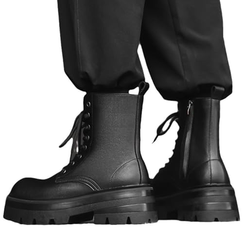 Men's Black Leather Lace-up Platform Combat Boots Retro Round Toe Side Zipper Chunky Heel Lug Sole Comfort Non-Slip High Top Biker Ankle Boot4
