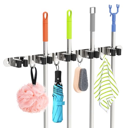 Vonsera Accroche Balai Mural, Support Balai pour Balais Avec 5 Supports et 4 Crochets à Clouer Avec Percage ou Adhésif San Percage pour la Cuisine, le...