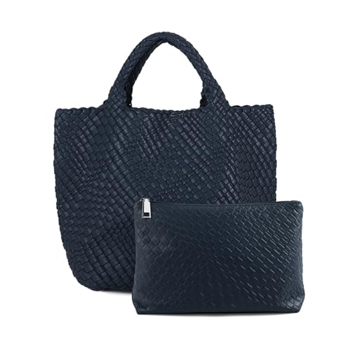Image of Women's Vegan Leather Tote Bag - Handmade Woven Beach Bag, Travel Handbag with Purse & Top Handle Hobo Tote(Navy blue)
