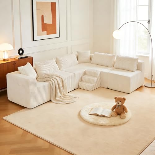 Image of Claiks 128 inch U Shaped Boneless Couch, Corduroy Sectional Sofa, Cream