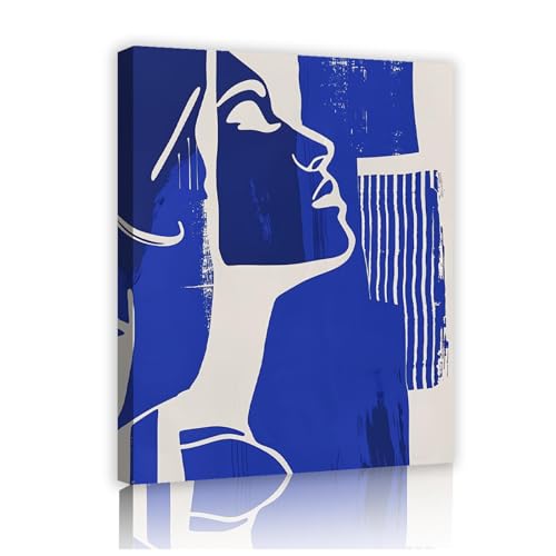 TOANGWALL Impresión de estilo boho en lienzo arte de pared minimalista abstracto líneas azules retrato de mujer póster cuadro pintura para decor de sala de estar 90x110cm marco interior