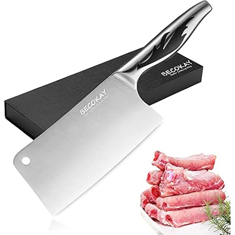 BECOKAY Hackmesser für Knochen, Gestochen Scharf Chinesisches Kochmesser, Hackbeil Messer Hochgekohlter Edelstahl, Profi Messer Hochwertig Küchenmesser mit Full Tang Griff Geschenk für Küche 18cm Cover