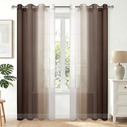 Hiasan 2er Set Gardinen mit Ösen Voile Vorhänge Farbverlauf Transparent Fensterschal Dekoschal Vorhang Gardine für Wohnzimmer Schlafzimmer und Kinderzimmer