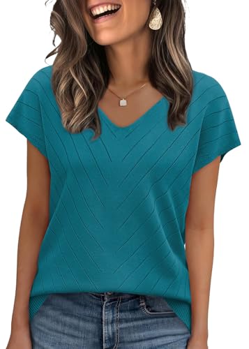 WIHOLL Womens Summer Tops Trendy Casual Cap Short Sleeve Sweater Beach Vacation Clothes Travel Outfits 2026 Casual V Neck T Shirts Soft Cute Spring Tops Tshirts Shirts for Women Teal Blue L