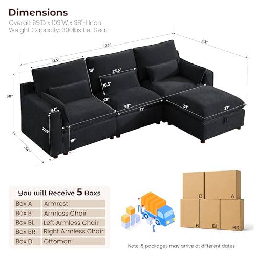 Image of WorthFurni Modern Modular Sectional Sofa,103 inch L Shape Minimalist Couch with Storage Ottoman,Comfty 4 Seat Sofa for Living Room,Black Chenille