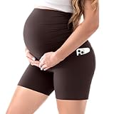 Walifrey Women's Maternity Shorts with Pockets Over The Belly,Pregnancy Yoga Pants Activewear Biker Shorts Casual Dark Brown L