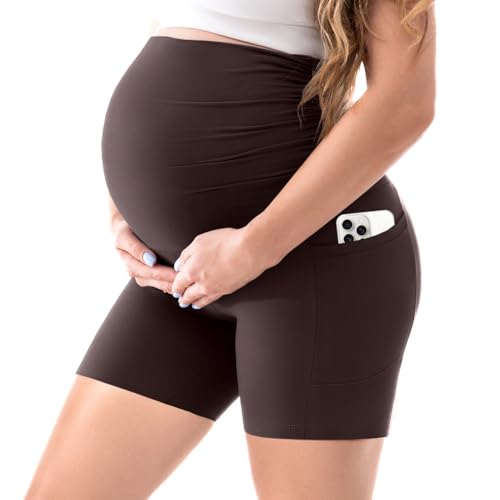 Walifrey Women's Maternity Shorts with Pockets Over The Belly,Pregnancy Yoga Pants Activewear Biker Shorts Casual Dark Brown L