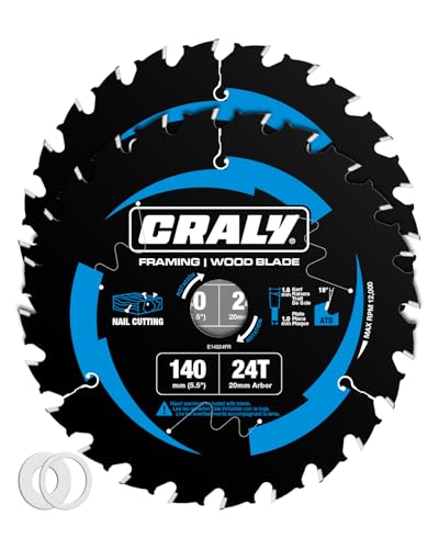 Image of CRALY 140mm 24 Teeth Framing Wood Cutting Circular Saw Blade, 20mm Arbor, Carbide Tipped, Thin Kerf, Black Ice™ Coating, for Plywood, MDF, OSB, Laminated, 2-Pack(E14024FR-2)