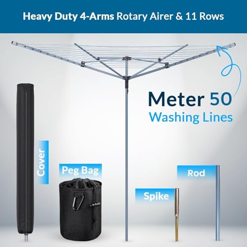 BLADO Rotary Washing Line - 4 Arm Outdoor Folding Rotating Clothes Dryer Heavy Duty Comes with Cover & Metal Ground Spike (50 M) - Image 3