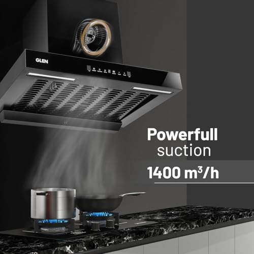 Image of Glen 76cm 1400 m /hr BLDC T- Shape Kitchen Chimney| Intelligent Auto Clean|Aeration | Filterless|(Hood Selena BLDC 76,Touch & Gesture Control,Black)