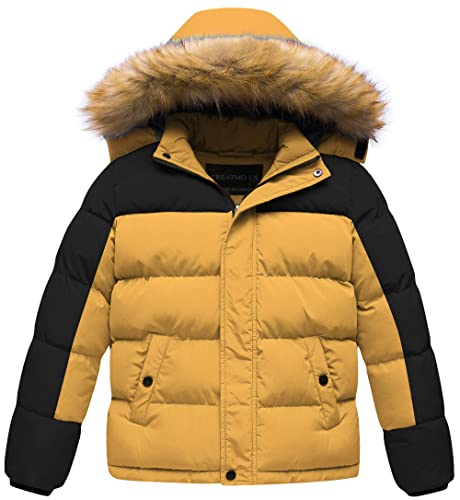 CREATMO US Boys Winter Coats Down Alternative Jacket Parka Windproof Overcoat Outerwear Jacket With Faux Fur Hood Black & Yellow 8