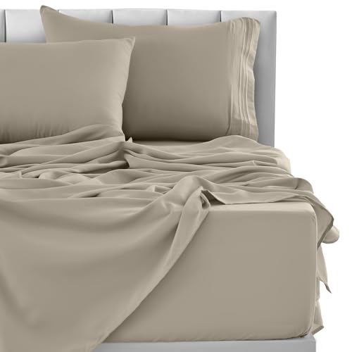 LUX Décor Twin Sheet Set - 3 Piece Ultra-Soft Microfiber Bed Sheets with Flat Sheet, 16 Inches Deep Pocket Fitted Sheet & Pillowcase, Cooling & Breathable, Hotel Luxury, Oeko-TEX - Taupe
