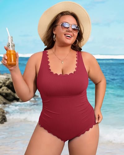 Image of Charmo Plus Size Swimsuit for Women 2026 Tummy Control Scalloped Ribbed One Piece Swimsuits Ruched Modest Bathing Suit
