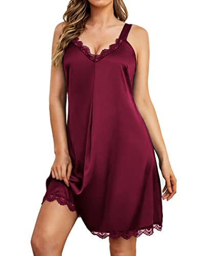 Women's Nightgown Sexy Satin Lace Sleepwear V-neck Chemise Full Slip Nightshirt Wide Strap Lingerie