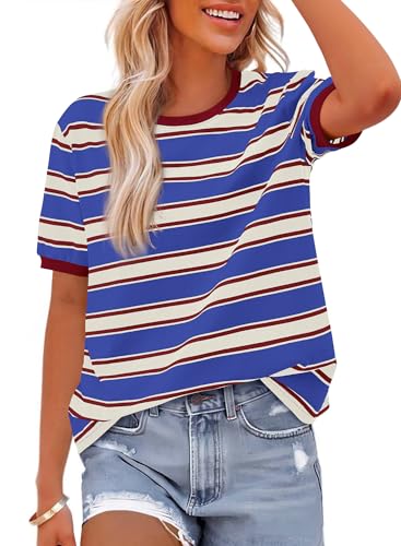 BTFBM Summer Tops for Women 2026 Crewneck Short Sleeve Striped T Shirts Casual Spring Clothes Color Block Basic Tee Blouses(Blue Wine Red, X-Large)