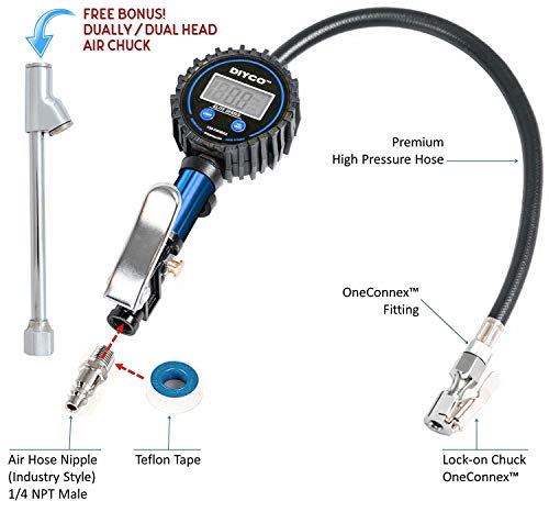 Diyco D3 Tire Inflator And Pressure Gauge 150 Psi Anodized Interchangeable Air Chuck #TOP2