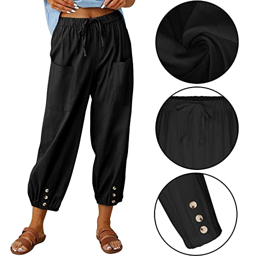 Women's High Waist Pants Drawstring Capri Pants With Pockets Wide Leg Cropped Pants For Women Black X-Large #TOP1