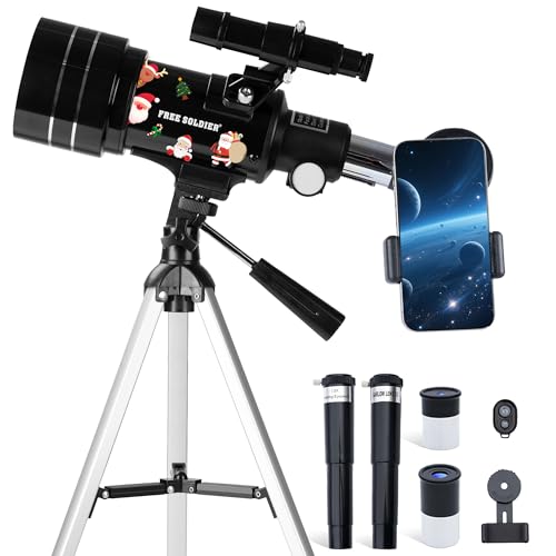 FREE SOLDIER Telescope for Kids 70mm Aperture Astronomical Refractor Telescopes for Beginners (15X-150X) 300mm Telescope for Adults High Powered with A Phone Adapter & A Wireless Remote (Black)