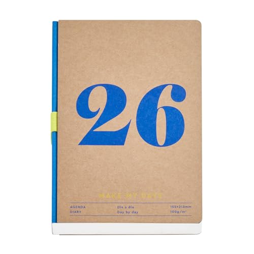 Miquelrius   Agenda 2026 día por página, Similar A5+ (155 x 213 mm), Planificación diaria, Cubierta kraft natural con serigrafía, Encuadernación artesanal, Papel marfil 100 g/m², Español EN PT, Year