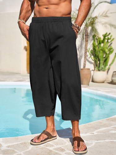 Runcati Mens Cotton Harem Capri Pants Yoga Beach Baggy 3/4 Shorts Pants Casual Elastic Waist Hippie Boho Pants2