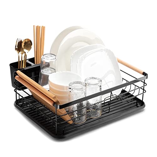 Abocofur Wooden Handle Dish Drying Rack With Removable Plastic Tray, Metal Dish Rack And Drainboard Set With Utensil Holder, Kitchen Counter Drainer And Storage Basket For Plate, Cup, Cutlery, Black #TOP13