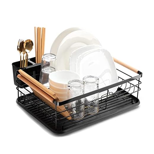 AbocoFur Wooden Handle Dish Drying Rack with Removable Plastic Tray, Metal Dish Rack and Drainboard Set with Utensil Holder, Kitchen Counter Drainer and Storage Basket for Plate, Cup, Cutlery, Black
