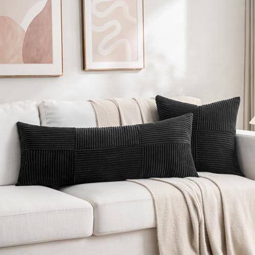 Image of Fancy Homi Set of 2 Black Boho Long Lumbar Body Decorative Throw Pillow Cover 14x36 Inch for Bed Couch Bedroom Bench, Soft Patchwork Corduroy Textured Pillow Case, Rustic Farmhouse Room Decor