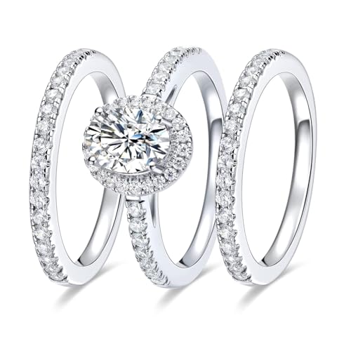 MDFUN 3 Pairs Oval Halo Wedding Bands Set Engagement Rings 18K White Gold Plated Cubic Zirconia Promise Eternity Band for Women Size 8