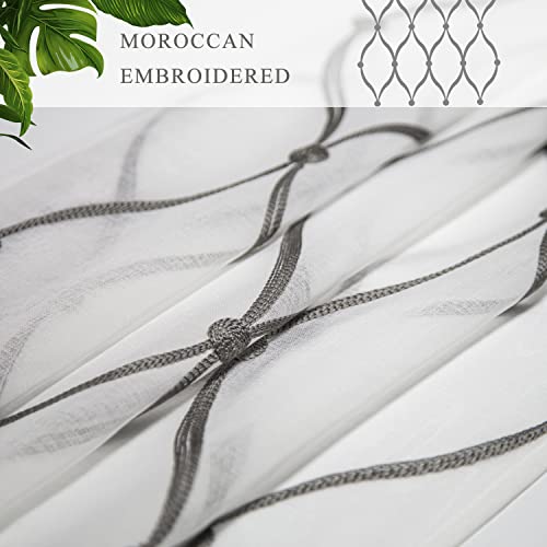 July Joy White Valance Sheer Curtains 18 Inches Long Grey Moroccan Embroidered Grommet Semi Window Drapes For Living Room Bedroom, 2 Panels #TOP3