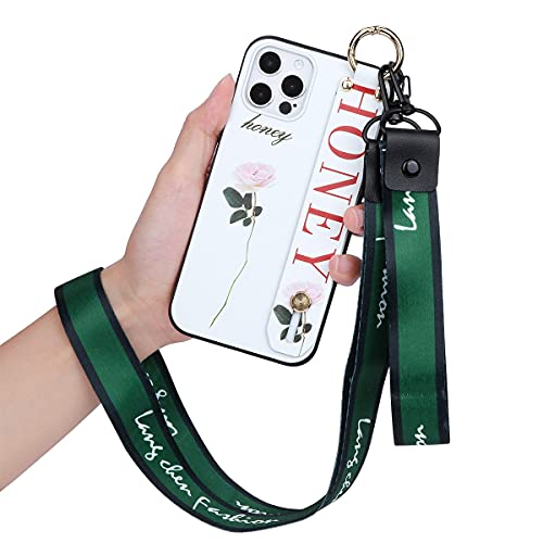 Pnakqil Coque pour Apple iPhone 13 /iPhone 14 6,1" avec Cordon de Collier et Support, Antichoc Etui en Silicone Noir avec Motif Fun Dessin Collier Réglable Housse de Protection Coques, Rose