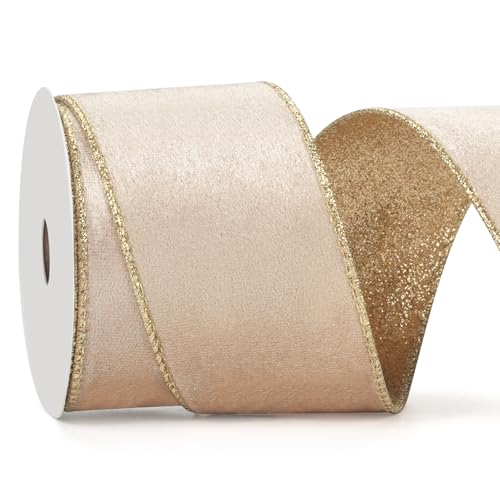 Champagne Wired Velvet Ribbon, Christmas Ribbon...