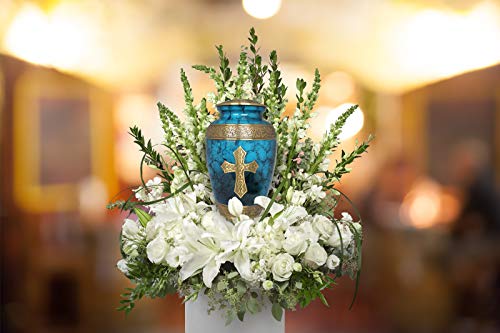 Image of Blue Cross Cremation Urn for Ashes Adult Male - Personalized Cremation Urns for Human Ashes Adult Man Decorative Urns - Beautifully Handcrafted Cross Urn