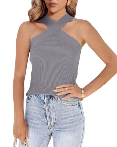 Womens Criss Cross Halter Sweater Vest Tops Summer Sleeveless Pullover Casual Lightweight V Neck Knit Tank Top Gray