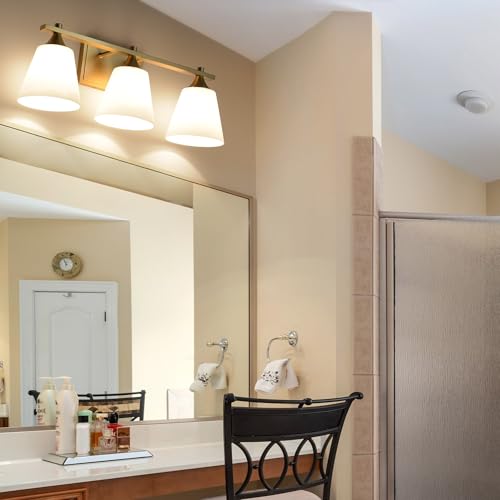 Image of Brass Bathroom Vanity Light Fixtures, 3 Lights Traditional Gold Vanity Lighting Fixture with Opal Glass Shade, Porch Wall Mount Light Fixture for Bathroom, Mirror Cabinets Hallway Stairs, Aged Brass
