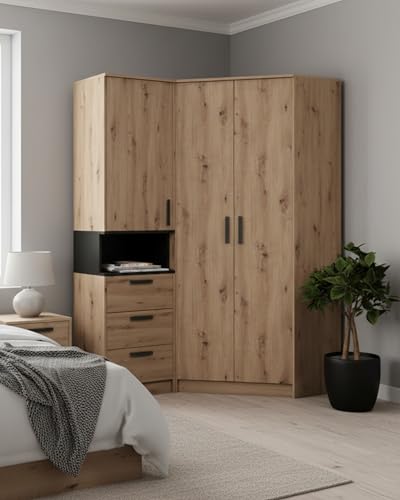 Steiner Shopping Eckkleiderschrank Set F Fafe in Eiche Artisan/Schwarz I 3-teiliger Schrank mit 10 Fächern 8 Einlegeböden & 2 Kleiderstangen I Erweiterbarer Eckschrank mit Soft-Close-Funktion