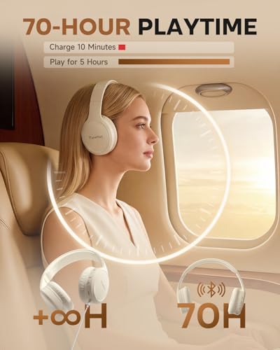 Image of TuneFlux Bluetooth Headphones,70H Playtime Bluetooth 6.0 Wireless Headphones,3 EQ Music Modes Foldable Lightweight Over Ear Headset with Clear Call,HiFi Deep Bass for Home Office Travel (Beige)
