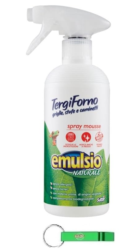 Emulsio Naturale Tergiforno - Limpiador en spray para mousse (12 unidades, limpia a fondo el cristal de chimeneas y hornos, desengrasa y elimina la suciedad sin esfuerzo, 500 ml, incluye llavero Beni