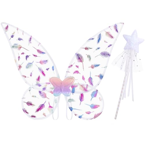 Lainlight Fairy Wings for Girls, Princess Butterfly Wings with Fairy Wand Angel Wing for Halloween Cosplay Dress Up White