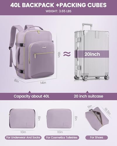 Image of LOVEVOOK 40L Travel Backpack Flight Approved Carry on Backpack,3 Packing Cubes,Waterproof Personal Item Travel Bag,TSA Carry on Luggage Suitcase Travel Essentials,Gifts for Women & Men,fits 17 inch Laptop